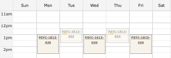 Screenshot of the calendar view showing available sections and/or scheduling conflicts