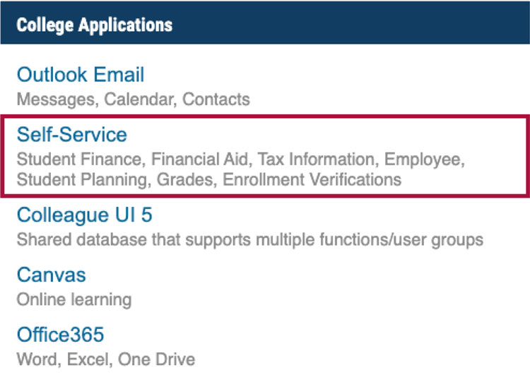 Screenshot within My KCC of the Self-Service link, which is under the College Applications panel.
