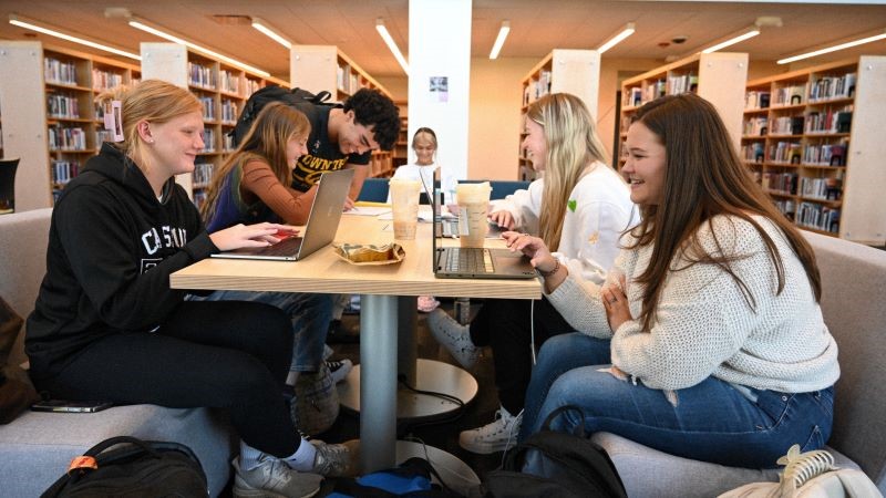 A study group sitting around at a table in the library