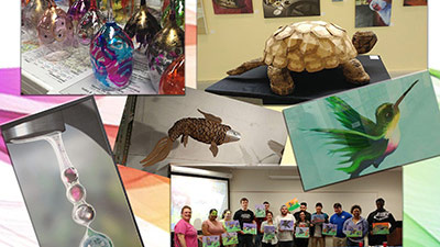 Digital collage of projects created by Arts & Technology Society members